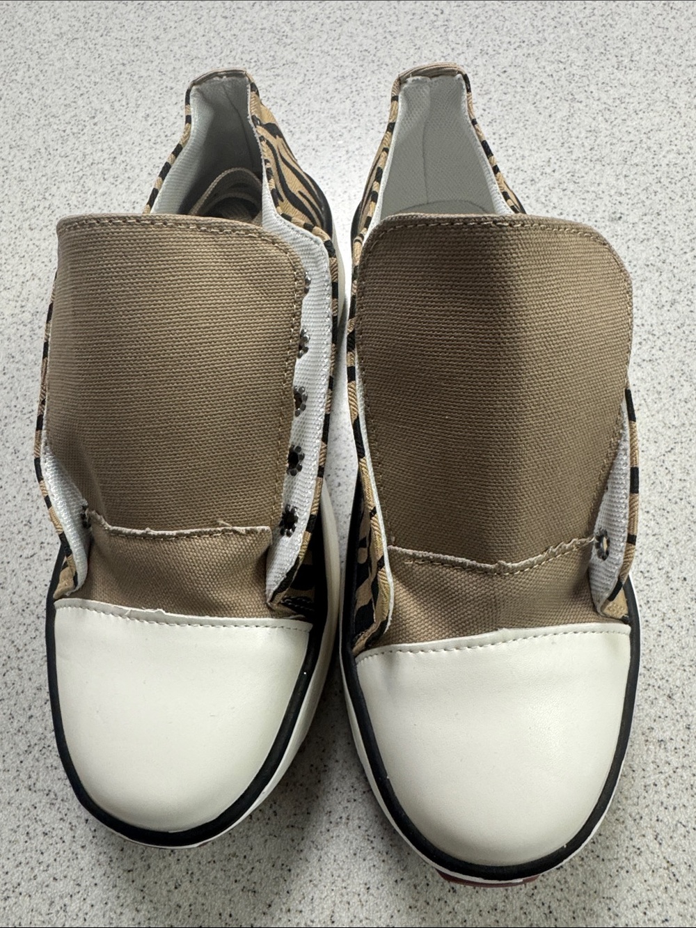 Women’s Slip-On Canvas Sneakers in Tan and White with Leopard Trim